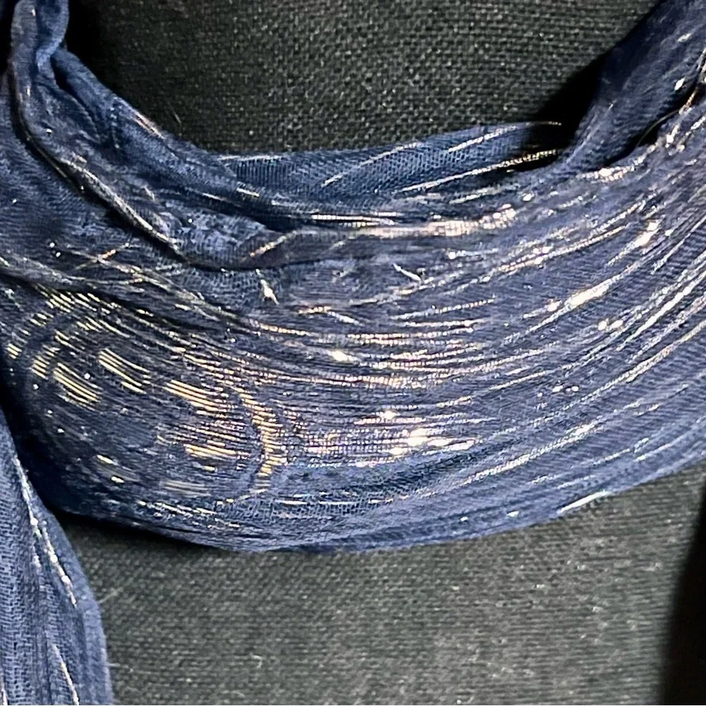 Vintage Navy Blue Silk Metallic Shimmer Scarf Wrap Evening Shawl Fringe Holiday